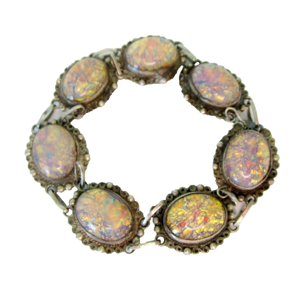 Vintage Mexico Faux Opal Cabochons Sterling Silver Bracelet - 6.5" 31 Grams READ